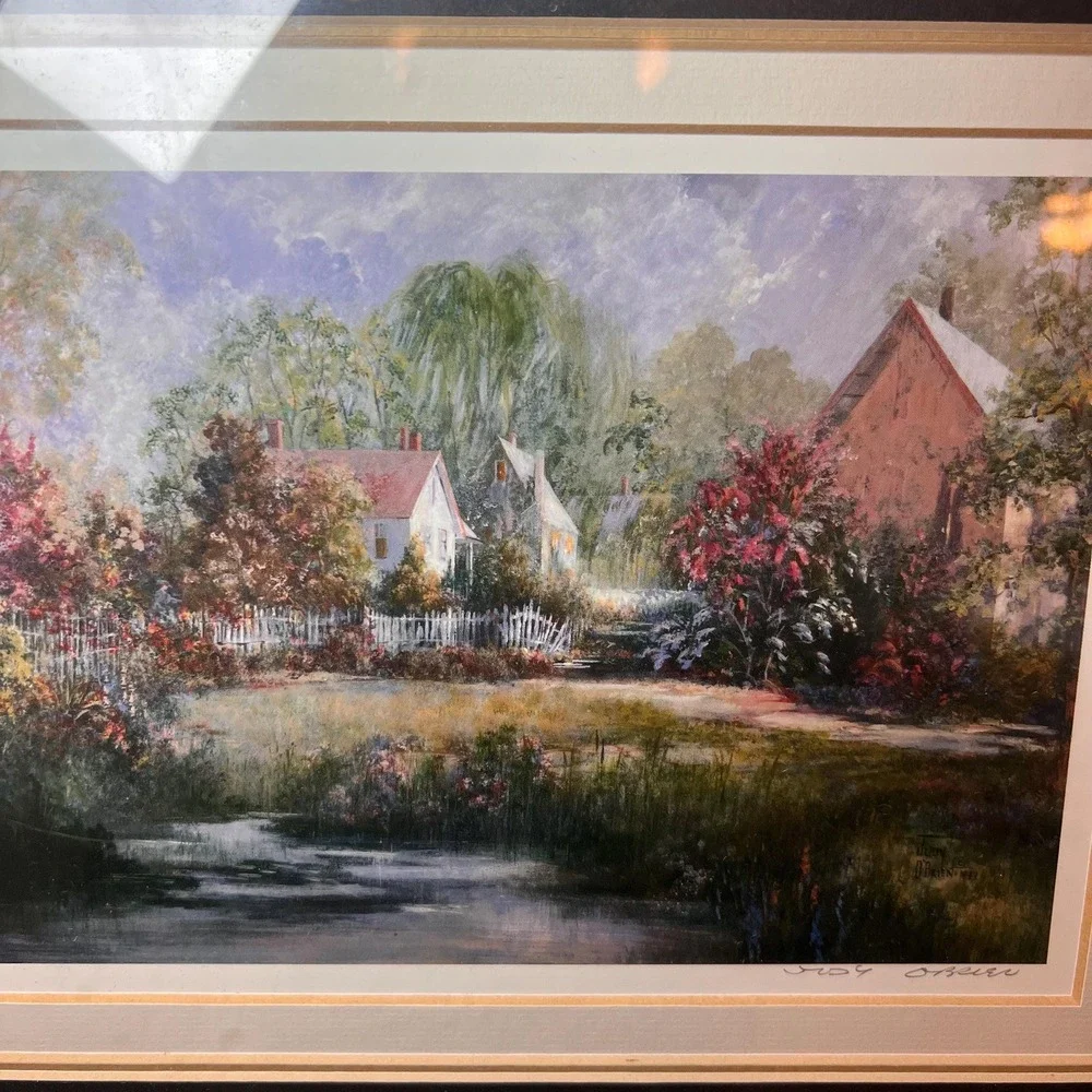 Vintage Judy O'Brien Signed Framed Print Country Cottage Landscape Gold Frame